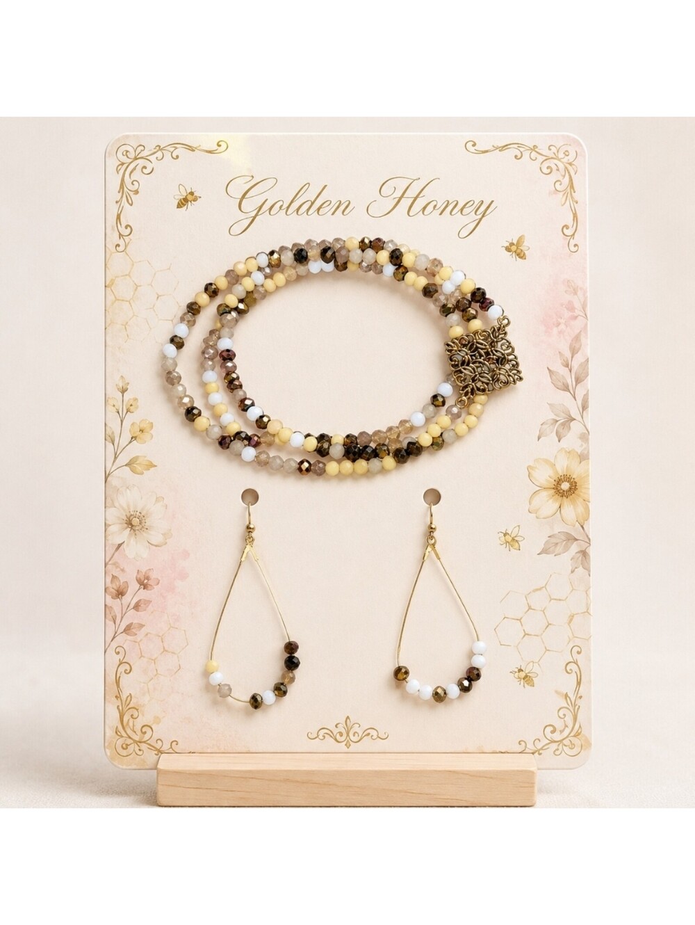 Boho Chic Bronze Taupe Golden Honey Teardrop Earrings & Stackable Bracelets